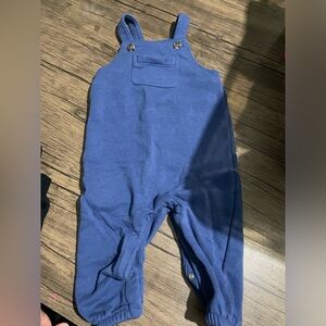 Preowned blue fleece  material overalls size 12-18 months